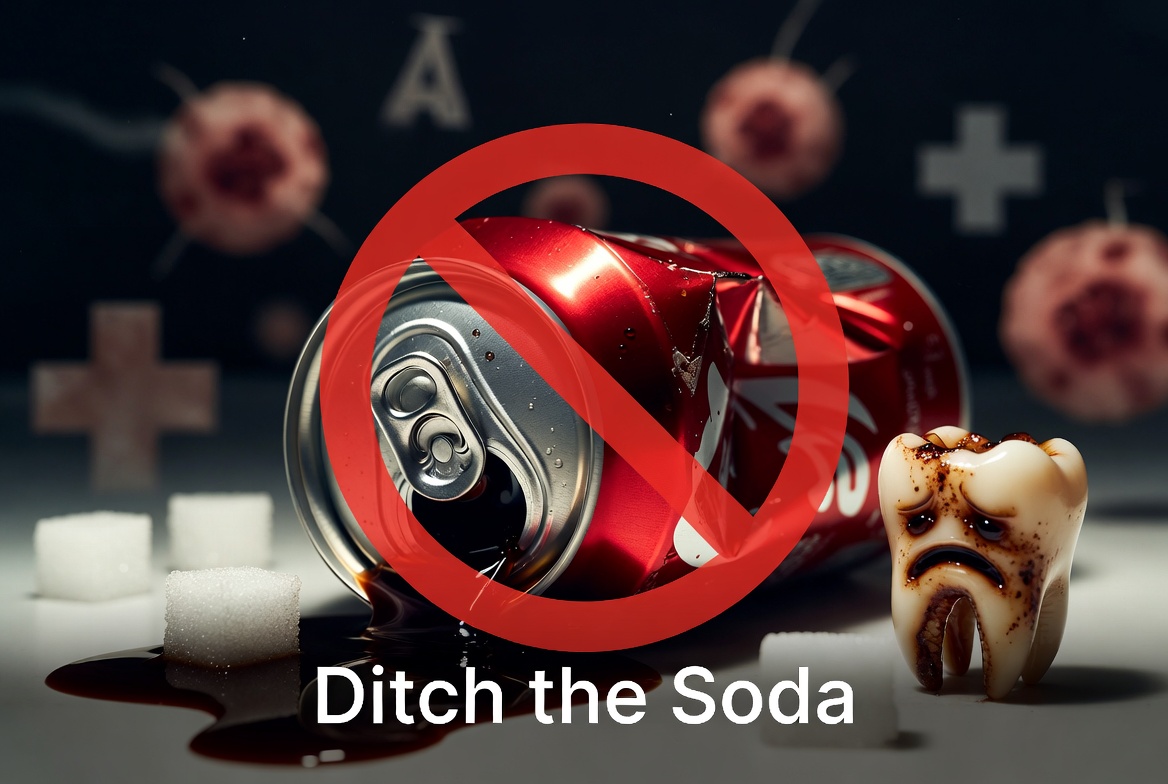 Ditch the soda — a crushed soda can with spilled cola, sugar cubes, and a damaged tooth, illustrating why to quit sugary drinks