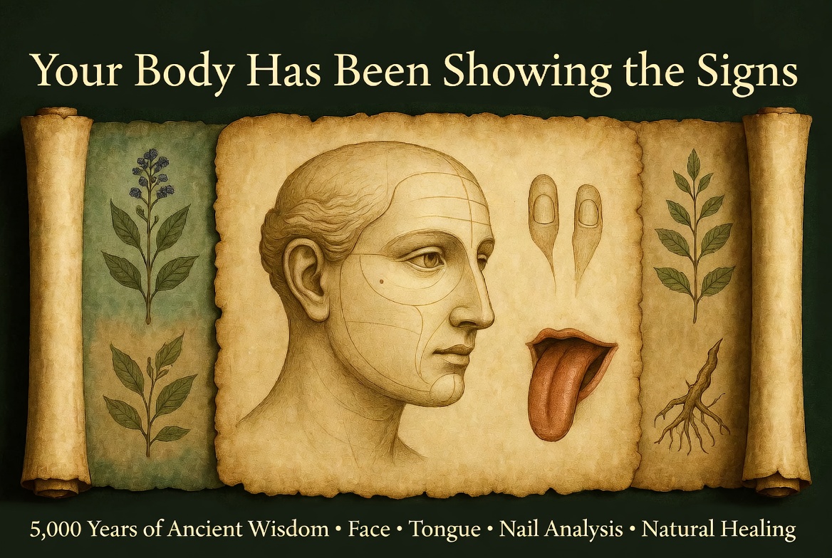 Ancient Face, Tongue and Fingernail Analysis illustration with healing herbs for natural root-cause health